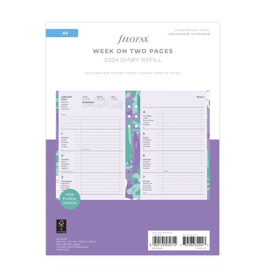 (PRE-ORDER) Filofax Floral Illustrated Diary Refill Pack A5 2024 Multilanguage