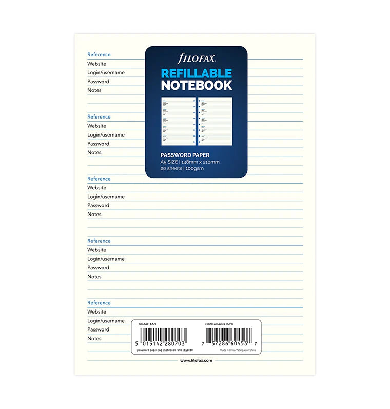 (PRE-ORDER) Filofax Notebook Password Paper Refill - A5 - 152028