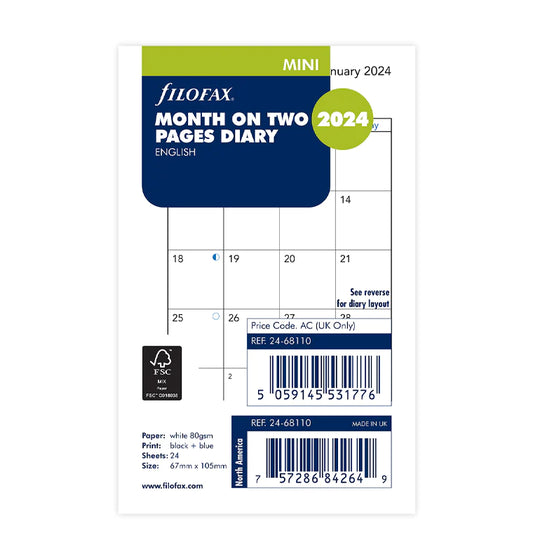 (PRE-ORDER) Filofax Month On Two Pages Diary - Mini 2024 English