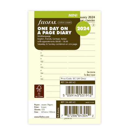 (PRE-ORDER) Filofax One Day On A Page Diary With Appointments - Mini Cotton Cream 2024 Multilanguage