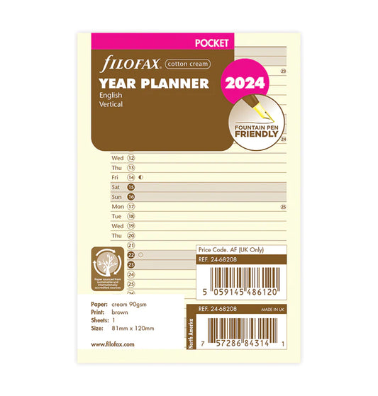 (PRE-ORDER) Filofax Vertical Year Planner - Pocket Cotton Cream 2024 English