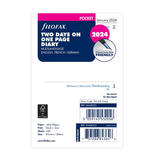PRE-ORDER (Filofax) Two Days On One Page Diary - Pocket 2024 English/French/German