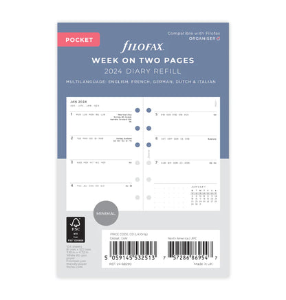 (PRE-ORDER) Filofax Minimal Week On Two Pages Diary - Pocket 2024 Multilanguage