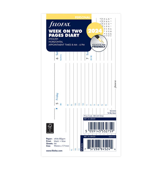 (PRE-ORDER) Filofax Week On Two Pages Diary With Appointments Horizontal - Personal 2024 English