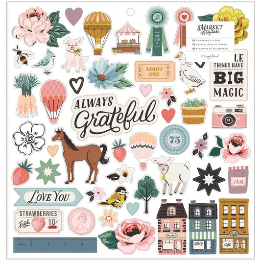 Maggie Holmes Market Square Chipboard Stickers 12"X12" - Icons & Phrase - MH003689