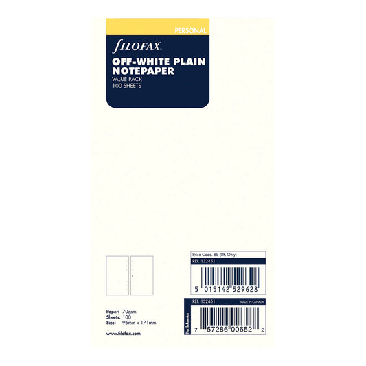Filofax Off-White Plain Notepaper Value Pack Refill Pack - Personal - 132451