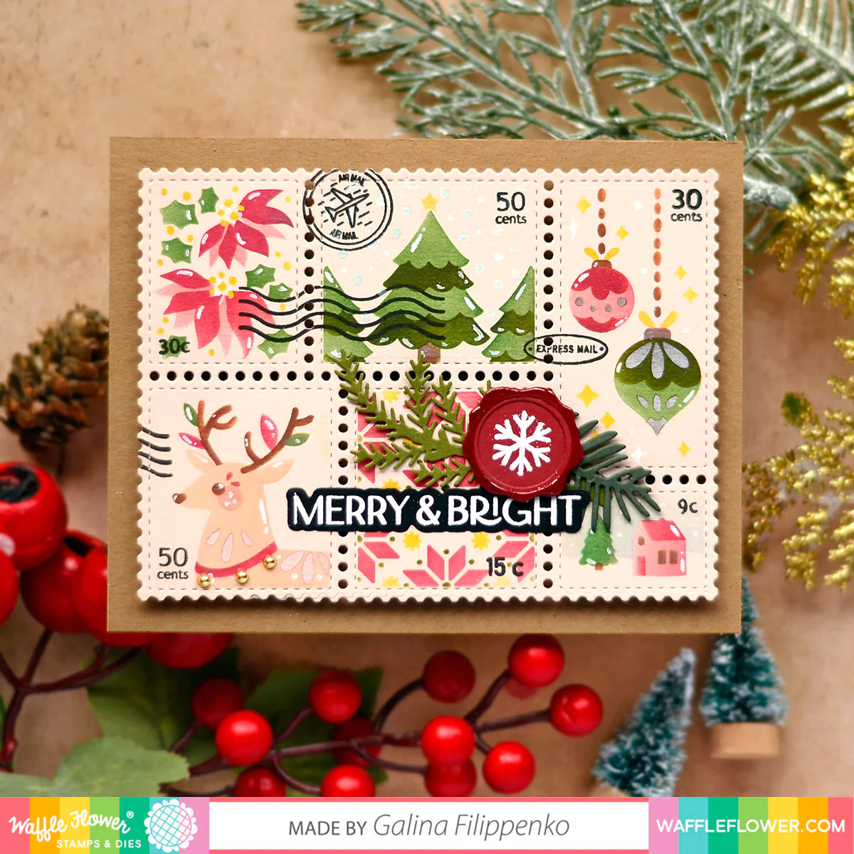 Waffle Flower x Galina Filippenko Postage Collage Christmas Stencil - 421425